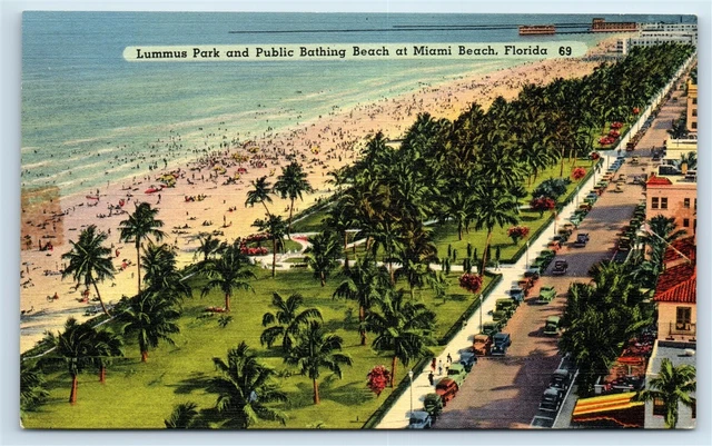 Postcard Lummus Park and Public Bathing Beach at Miami Beach FL linen G126