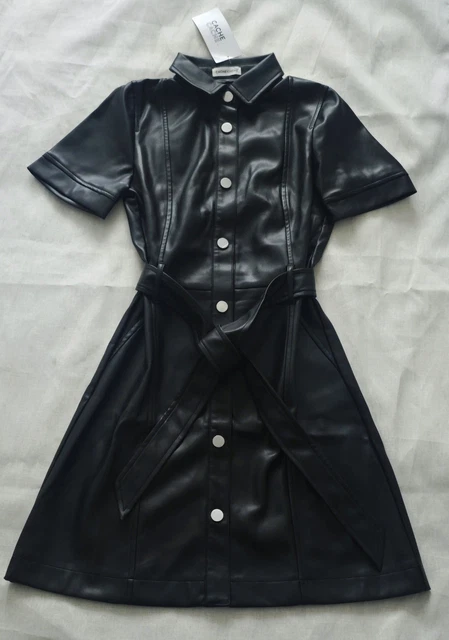 Robe Femme Simili Cuir Noir Avec Franges - Taille M, Droite, Fabrication Italie, Neuf Avec étiquettes