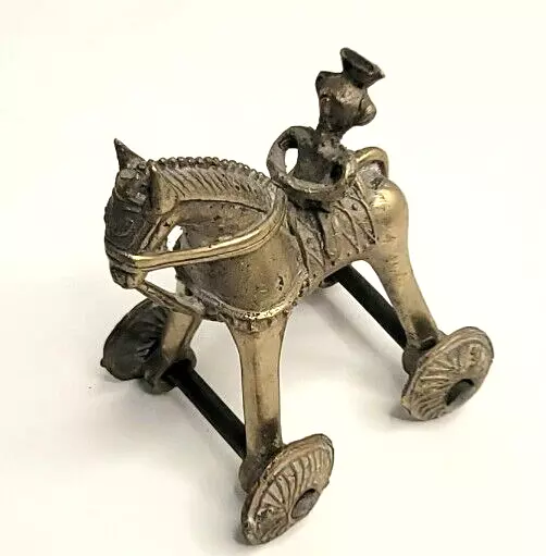 Brass Fine Engraved Temple Toy Horse and Rider Handcrafted Wheels Turn Fun Decor