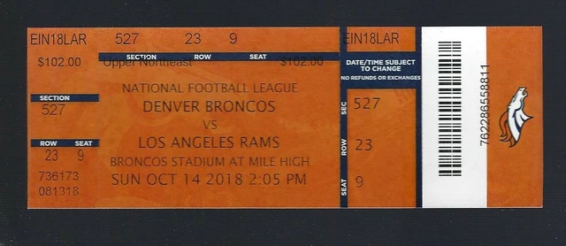 2018 Nfl Los Angeles Rams @ Denver Broncos Full Unused Football Ticket - Rare