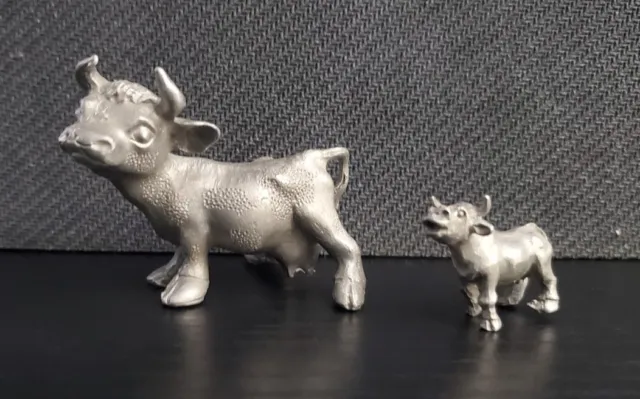 Vintage Set Of 2 PEWTER COW Figurines Farm Animal Miniature Collectible