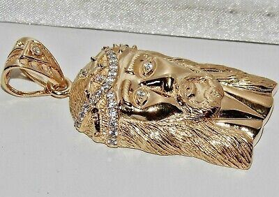 Solid 9ct Yellow Gold on Silver Jesus Head Large Pendant ~ UK Hallmarked