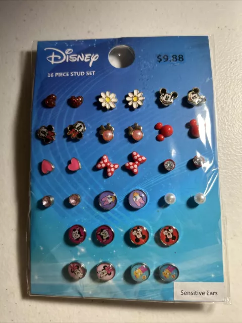 Disney Mickey Minnie Mouse Fashion Earrings 16 Piece Stud Set For Sensitive Ears