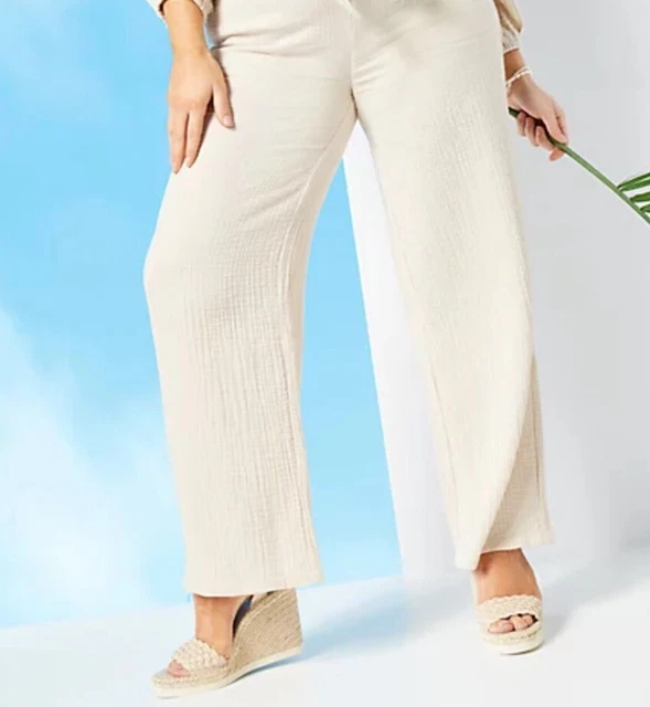 Belle Beach by Kim Gravel Regular Gauze Smocked Waist Pants Sand Bar Large A5012