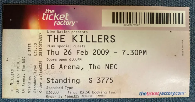 Rare - The Killers Ticket Stub - LG Arena Birmingham NEC 2009
