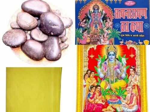 Satyanarayan Vrat Katha Religiöses Hindu-Buchfoto, Shaligram Mit Gelben...