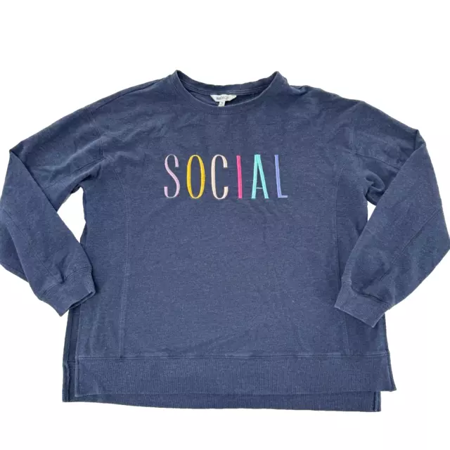 Wildfox Womens M Blue Sweater Crew Neck Social Spell Out Embroidered Pullover