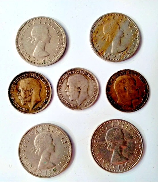 British Royalty Christmas Pudding Coins - Silver Threepence x 3,Sixpences x 4.