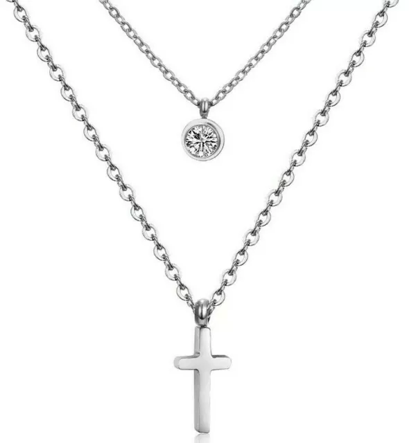 Elegante Doppel Kreuz Rolo Halskette Edelstahl Silber Zirkonia Damen Geschenk