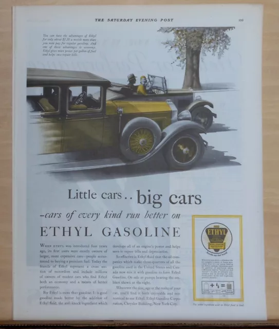 1930 magazine ad for Ethyl Gasoline - Little Cars, Big Cars all run better