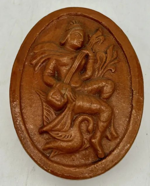 Vintage Goddess Saraswathi Oval Red Clay Sculpture