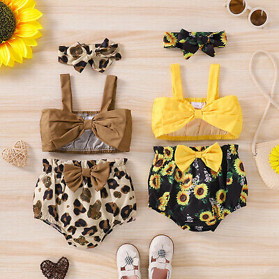 Infant Baby Girls Sleeveless Leopard Sunflower Printed Vest Tops Shorts Outfits