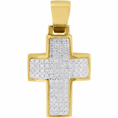 Diamond Mini Domed Cross Pendant 10K Yellow Gold Solid Side Wall Charm 0.51 Ct.