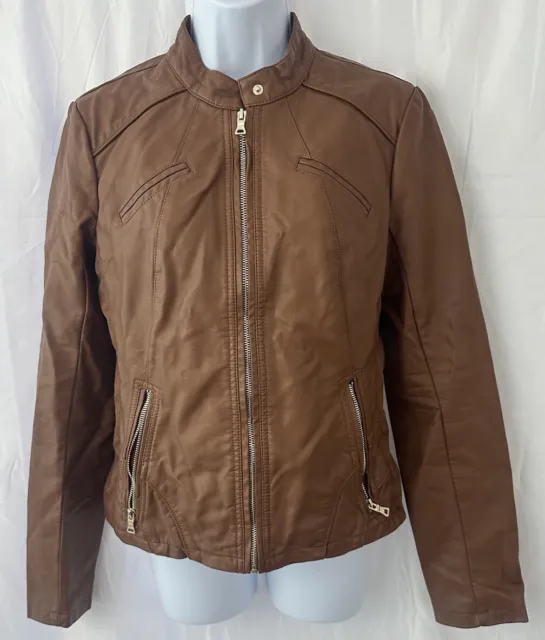 GUESS Women's Asymmetric Faux-Leather Moto Jacket SIZE Medium Cognac Brown