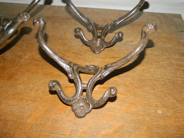 Set/2 Rustic 7" Cast Iron 4-Hook Coat Hook Rack Hall Tree, Mirror, Lodge Cabin