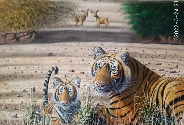 Vie Sauvage Indien Tigre Fait à la Main Peint Peinture Sur Soie