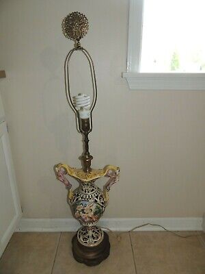 Antique 1940'S Tall Ornate Capodimonte Brass & Porcelain Cherub Lamp Nice Finial