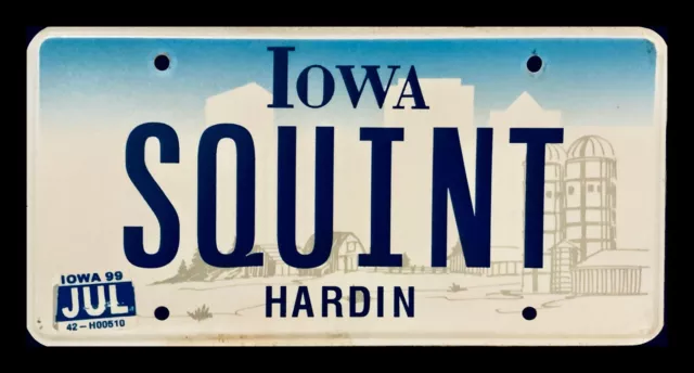 Iowa Graphic Farm Scene Vanity License Plate  " Squint "  Eyes Vision Sun See Ia