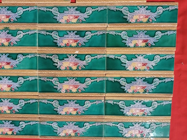 20 Pieces Lot Art Deco Floral Design Embossed Majolica Ceramic Tiles Japan 0301 3