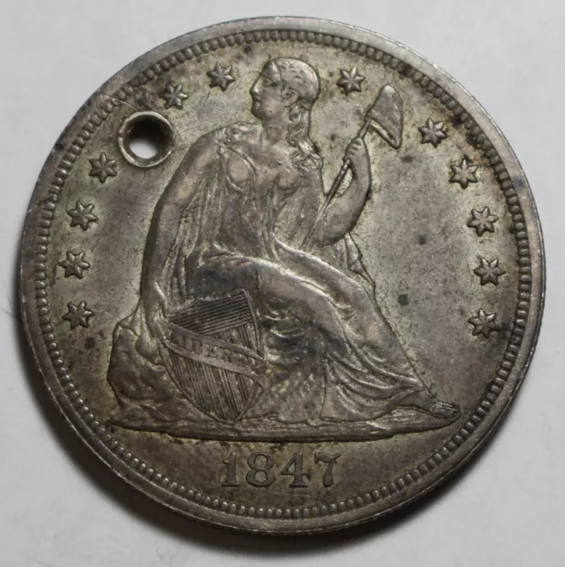 1847 Holed AU Seated Silver Dollar PH900