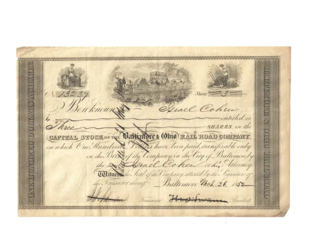 Israel Cohen issued 1852 B & O Railroad Stock Certificate signed by Thomas Swann