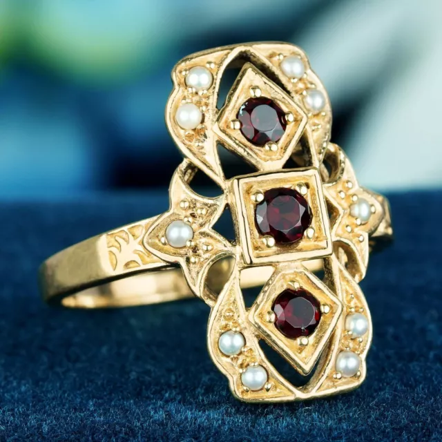 Natural Garnet Vintage Style Filigree Three Stone Ring in Solid 9K Yellow Gold