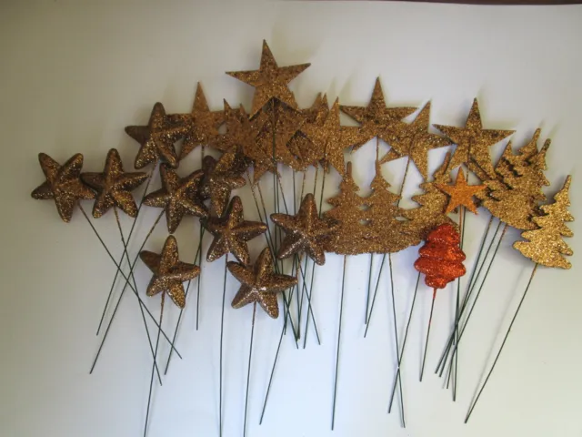 30 Blumenstecker Floristik, braun kupfer Sterne Bäume Bastelmaterial (ST018)