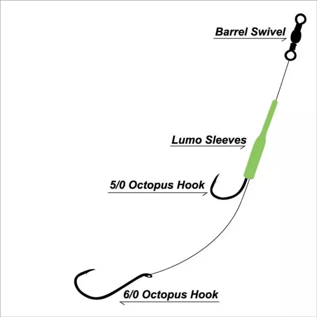3 X Masterpro Reef & Snapper Running Lumo Fishing Rigs With Double Octopus Hook