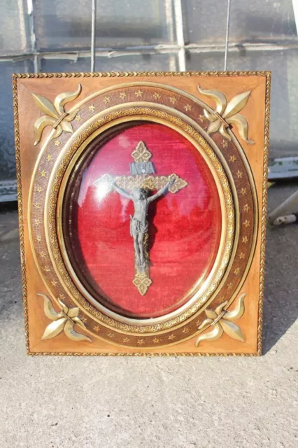 19the Century French Antique Fleur De Lis Dome Convex Glass Crucifix Jesus #711