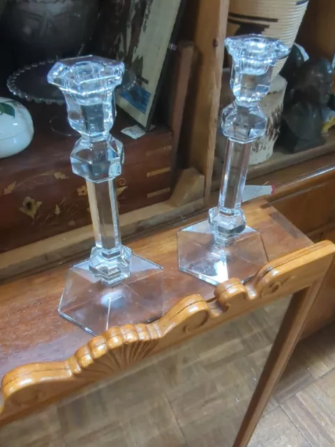 Vintage Val St Lambert Gardenia Belgian Crystal Art Glass Candlesticks 9 1/2"