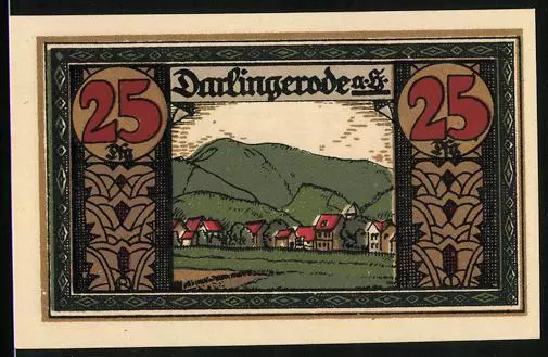 Notgeld Darlingerode /Harz 1921, 25 Pfennig, Stadtpanorama und Wappen