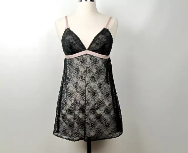 Gilligan O’Malley Womens Black Lace Baby Doll Teddie Nightie Lingerie Pink Trim