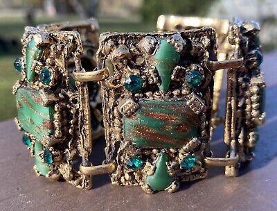 Vintage Goldstone Malachite rhinestone crystal Green Bracelet 1940s or 50s? Gold