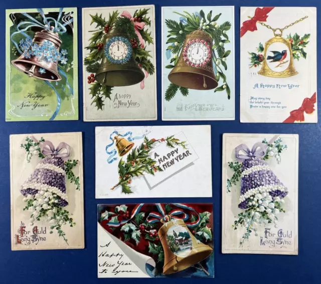 8 New Year Antique Postcards, EMB. Bells, Flowers, Birds, Scenes. Nice Mixture