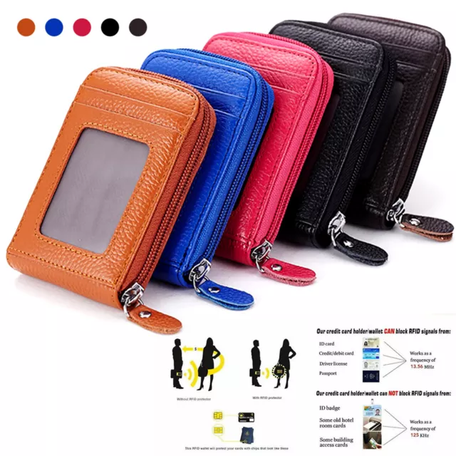 Genuine Leather Men Women Wallet Credit Card Holder RFID Blocking Zipper Pocket 3