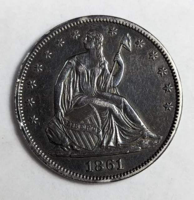1861 50c Seated Liberty Silver Half Dollar Cleaned  AU/Unc Details Civil War Era