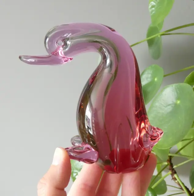 Vintage Mid Century Hand Blown Pink Glass Bird Duck Paperweight Figurine MCM