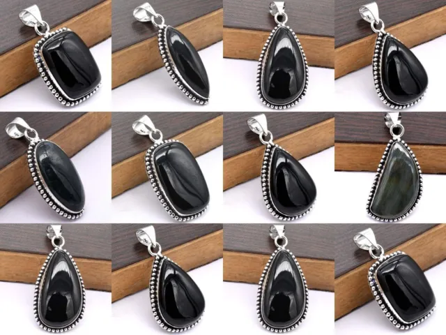 Beautiful Black Onyx Gemstone Wholesale Lot 925 Sterling Silver Plated Pendants