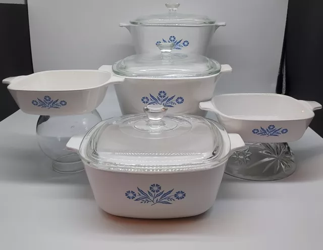 Vintage Corning Ware 8 Piece Blue Cornflower Casserole Set 5 Dishes/3 Lids L👀k