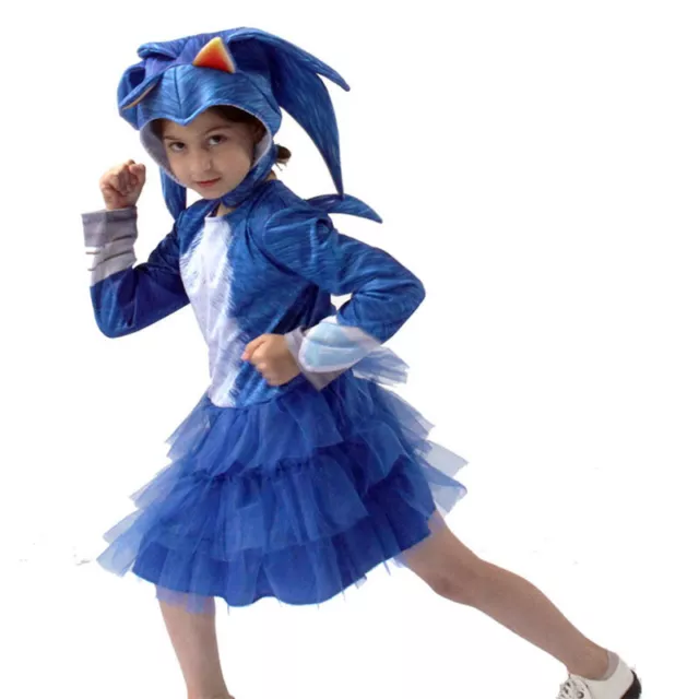 Kids Sonic Cosplay Costume Blue Dress Girls Halloween Party Outfit With Headgear 2