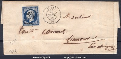 CAD PARIS DU 29/09/1856 FRANCE N°14A SUR LETTRE PC 3173 ST LYS HAUTE GARONNE 