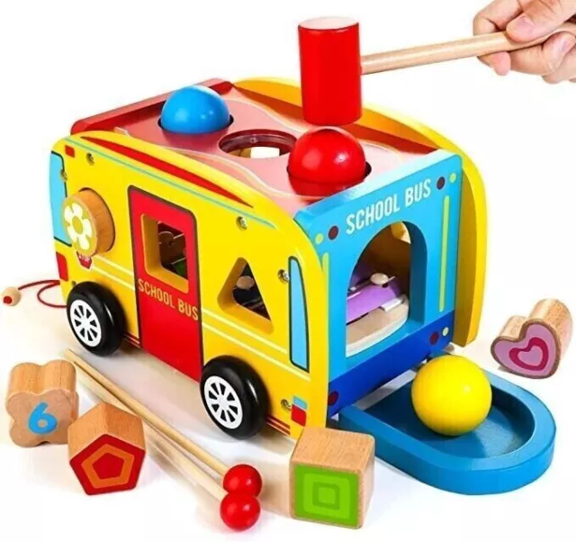 Pull Along Bus Xylophone Wooden Towing Vehicle Toy  Shape Sorter Childrens New 2