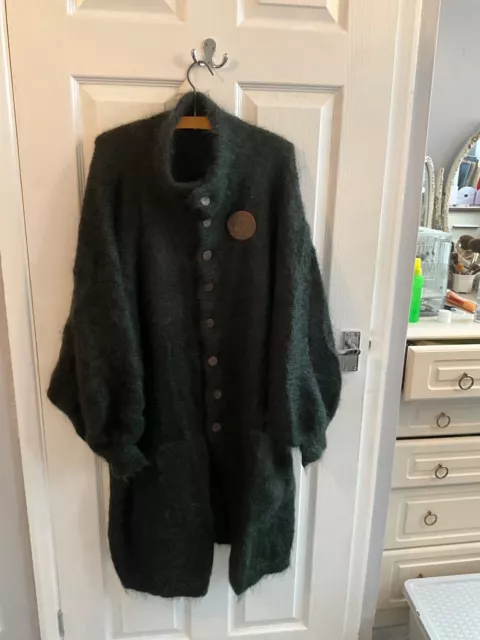 Hand Knitted Cosy Coat Mohair Loose High Neck Green Mix Julia Hill Buttons