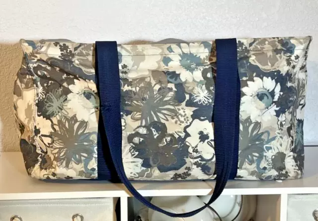 Thirty One LARGE Utility Tote Blue Brown Floral