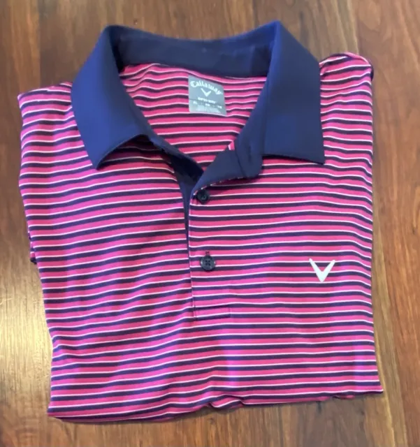 Callaway Mens Performance Golf Shirt XL Red with Blue/White Stipes Opti Dri Polo