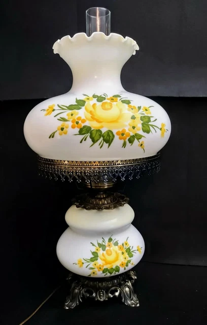 XL Vintage Victorian Hurricane GWTW Milk Glass w/Hand-painted Design Parlor Lamp