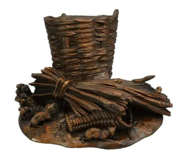 French Antique Black Forest Hand Carved Wood Sculpture Cigar Server with Basket