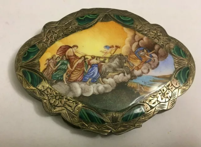 Antique German1890s silver compact with Malachite inlay, enamel painting $699.00