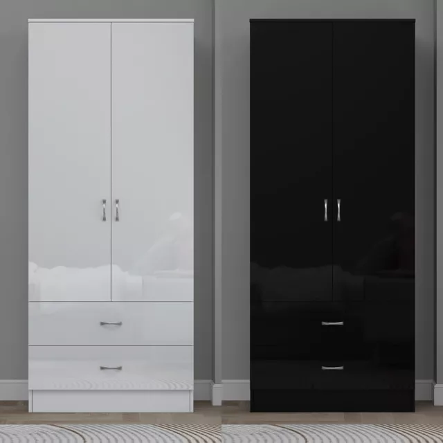 High Gloss 2 Door Wardrobe With 2 Drawers Hanging Rail Bedroom Storage Furniture