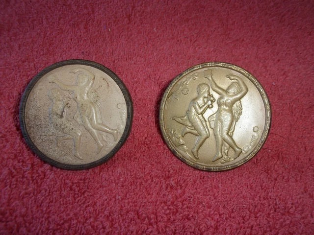 2 Vintage Metal Curtain Tie Back Push Pin Tacks Round Man & Woman dancing